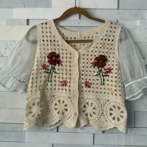 Cottagecore Crochet Embroidered Floral Puff Sleeve Cardigan Fairycore S